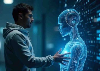 Un uomo interagisce con l'intelligenza artificiale