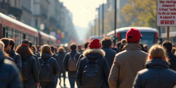 Persone in coda che attendono i mezzi pubblici a causa dello sciopero del trasporto pubblico