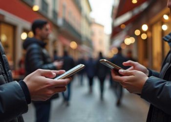 Due persone effettuano un pagamento senza contanti con i propri smartphone