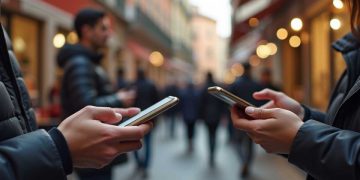 Due persone effettuano un pagamento senza contanti con i propri smartphone