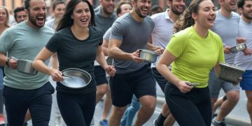 Folla applaude mentre i corridori con padelle alla mano, celebrano il “Pankake Day”