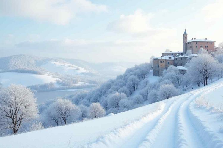 Montagna con alberi ricoperti di neve