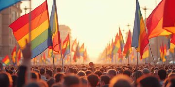 Manifestanti a un corteo per supportare i diritti Pride e LGBTQ+