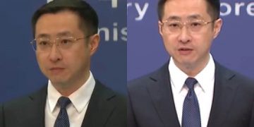 Due foto di Lin Jian, portavoce del ministero degli Esteri della Cina