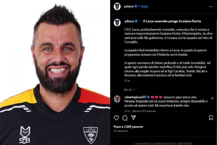 L'annuncio della morte di Graziano Fiorita sul profilo Instagram del Lecce