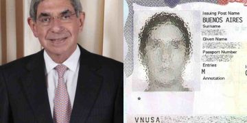 L'ex presidente del Costa Rica Óscar Arias Sánchez e un fac simile del visto Usa