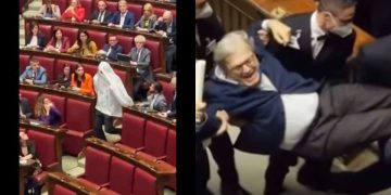 Riccardo Magi vestito da fantasma e Sgarbi portato fuori dall'aula