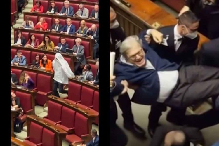 Riccardo Magi vestito da fantasma e Sgarbi portato fuori dall'aula