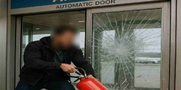 Un uomo intento a sfondare la porta a vetri di un aeroporto con un estintore