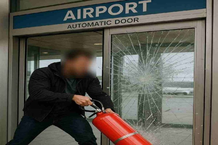 Un uomo intento a sfondare la porta a vetri di un aeroporto con un estintore