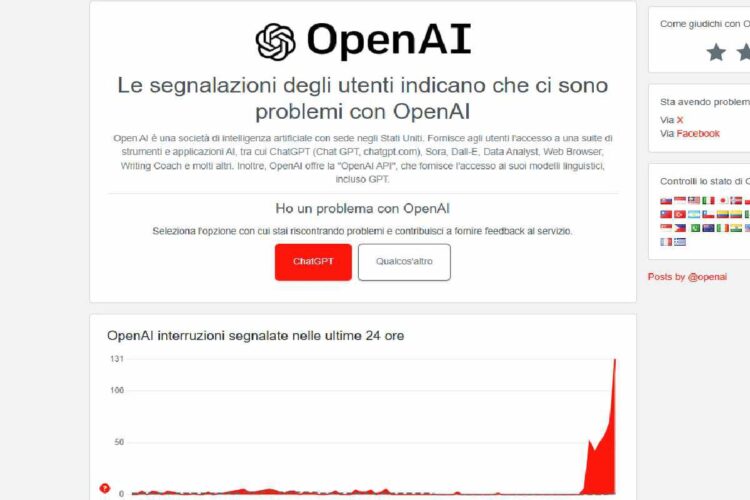 ChatGPT down, segnalazioni su Downdetector