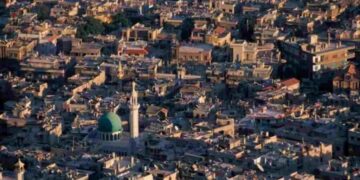 Un immagine aerea di Damasco nel contesto dei bombardamenti aerei di Israele