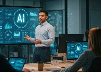 Impatto dell'Intelligenza Artificiale sul mercato del lavoro: mano robotica su tastiera e figure umane che interagiscono con tecnologia futuristica