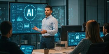 Impatto dell'Intelligenza Artificiale sul mercato del lavoro: mano robotica su tastiera e figure umane che interagiscono con tecnologia futuristica