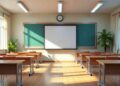 L'immagine di un'aula di scuola con banchi e lavagna senza studenti
