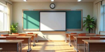 L'immagine di un'aula di scuola con banchi e lavagna senza studenti