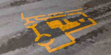 Un segnale a terra che indica la presenza di un muletto nell'area