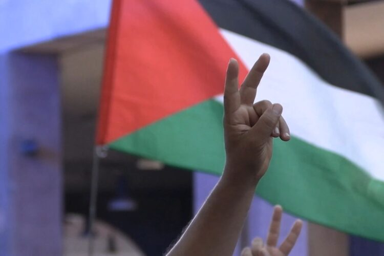 Una bandiera della Palestina durante una manifestazione per Gaza