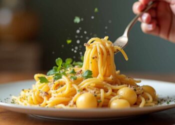 Una persona intenta a mangiare un piatto di pasta con le rape