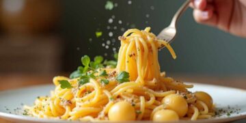Una persona intenta a mangiare un piatto di pasta con le rape