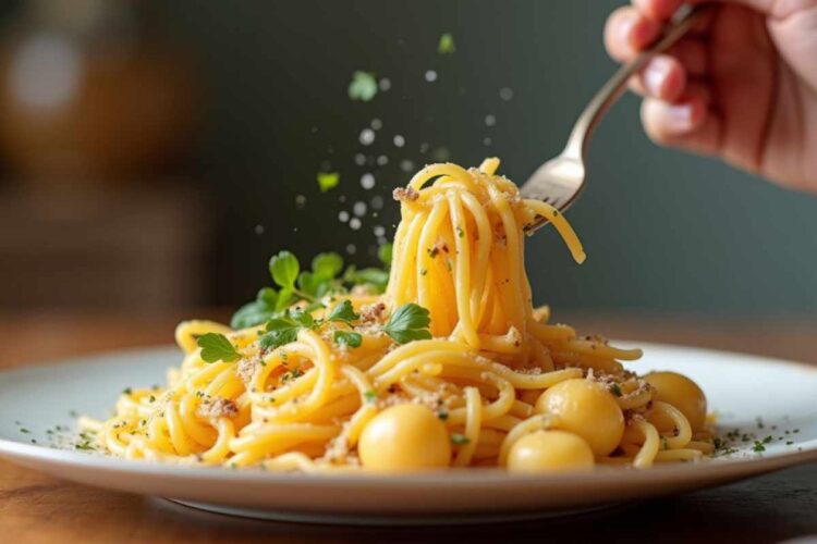 Una persona intenta a mangiare un piatto di pasta con le rape