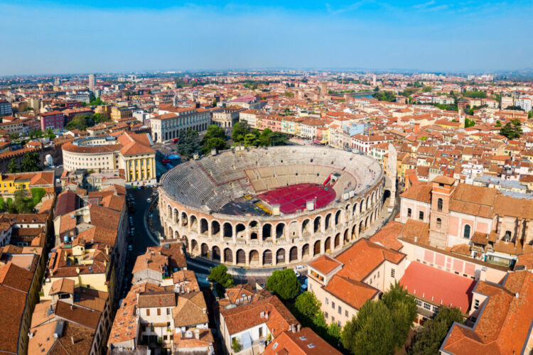 Verona Arena aerial panoramic view. Arena is a Roman amphitheatre in Piazza Bra square in Verona, Italy