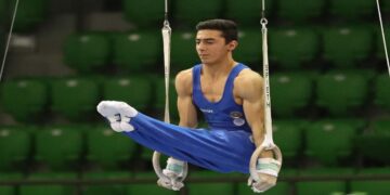 Lorenzo Bonicelli durante l'esecuzione di un esercizio agli anelli nel 2019