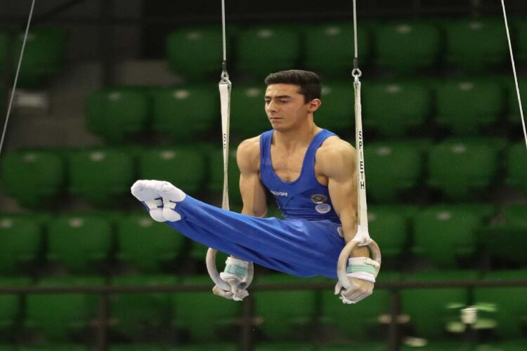 Lorenzo Bonicelli durante l'esecuzione di un esercizio agli anelli nel 2019