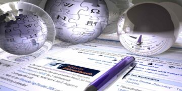 Realizzazione in 3D del logo di Wikipedia in uno sfondo contestuale