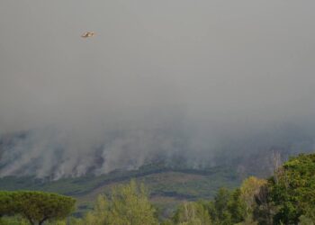 Un canadair sorvola l'area dell'incendio che sta interessando il Vesuvio