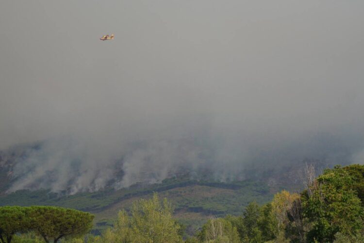 Un canadair sorvola l'area dell'incendio che sta interessando il Vesuvio