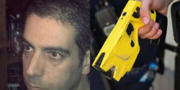 Una foto di Gianpaolo Demartis e un taser