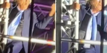 Al Bano si arrampica su un traliccio durante un concerto