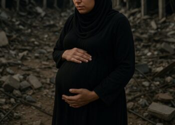 Una donna palestinese incinta tra le macerie di Gaza