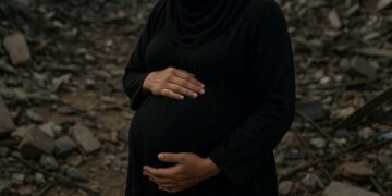 Una donna palestinese incinta tra le macerie di Gaza