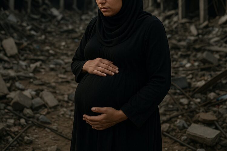 Una donna palestinese incinta tra le macerie di Gaza