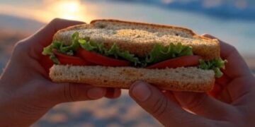 Una persona intenta a mangiare un panino in spiaggia