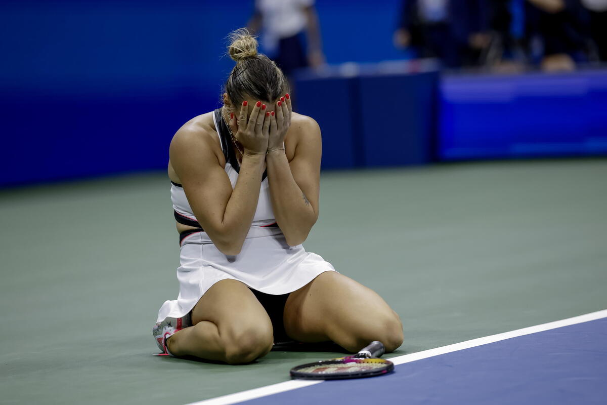 Aryna Sabalenka of Belarus reacts after defeating Amanda Anisimova@ANSA