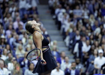 Aryna Sabalenka reacts after winning match point against Jessica Pegula@ANSA