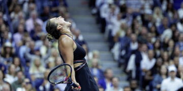 Aryna Sabalenka reacts after winning match point against Jessica Pegula@ANSA