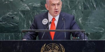 Benjamin Netanyahu durante il suo discorso all'assemblea generale dell'Onu