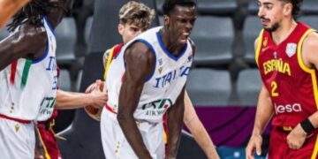 L'esultanza di Saliou Niang, MVP del match Italia Spagna