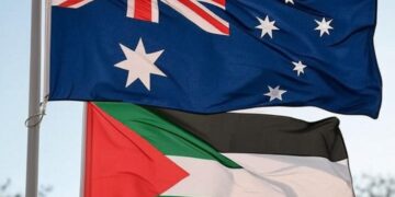 Una bandiera dell'Australia e una della Palestina