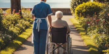 Una badante assiste un'anziana in carrozzina