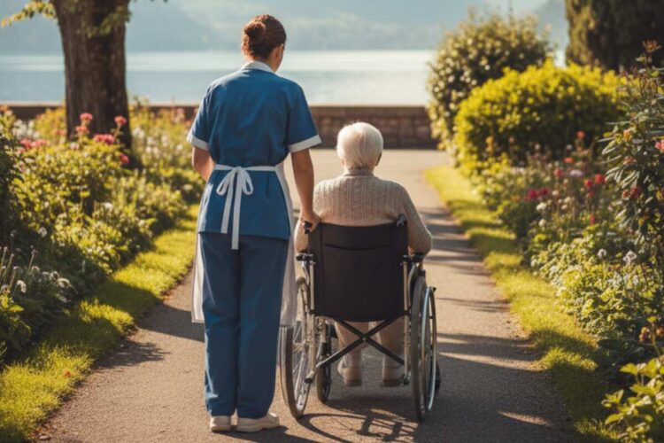 Una badante assiste un'anziana in carrozzina
