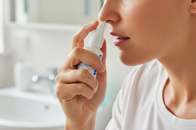 Una persona che sta usando uno spray nasale