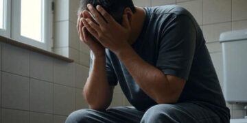 Un uomo in bagno seduto sul WC