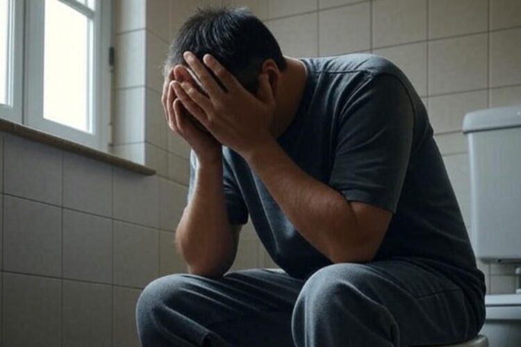 Un uomo in bagno seduto sul WC