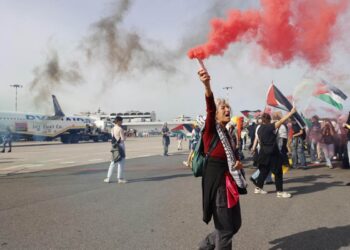 Dei manifestanti sulla pista dell'aeroporto di Pisa