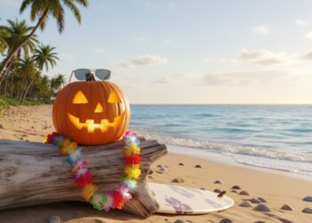 Una zucca di Halloween al caldo su una spiaggia
